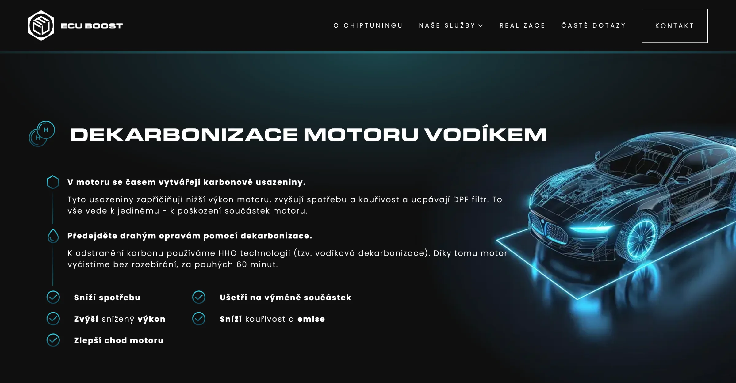 Stránka Dekarbonizace motoru vodíkem v modré variantě webu s drátěným modelem auta