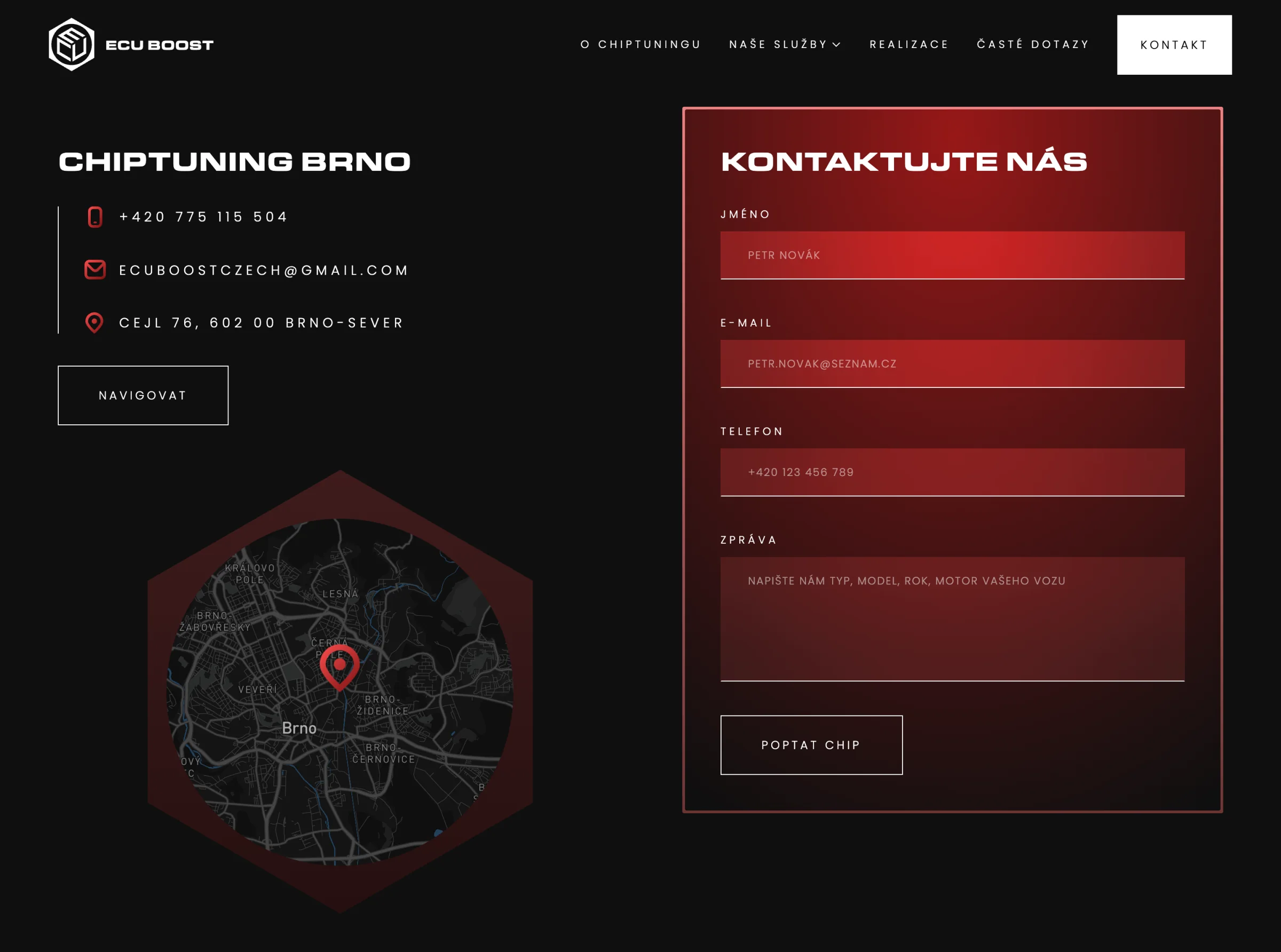 Stránka Kontakt: telefon, e-mail a adresa dílny, tlačítko Navigovat, mapa Brna v rámečku ve tvaru šestiúhelníku a poptávkový formulář