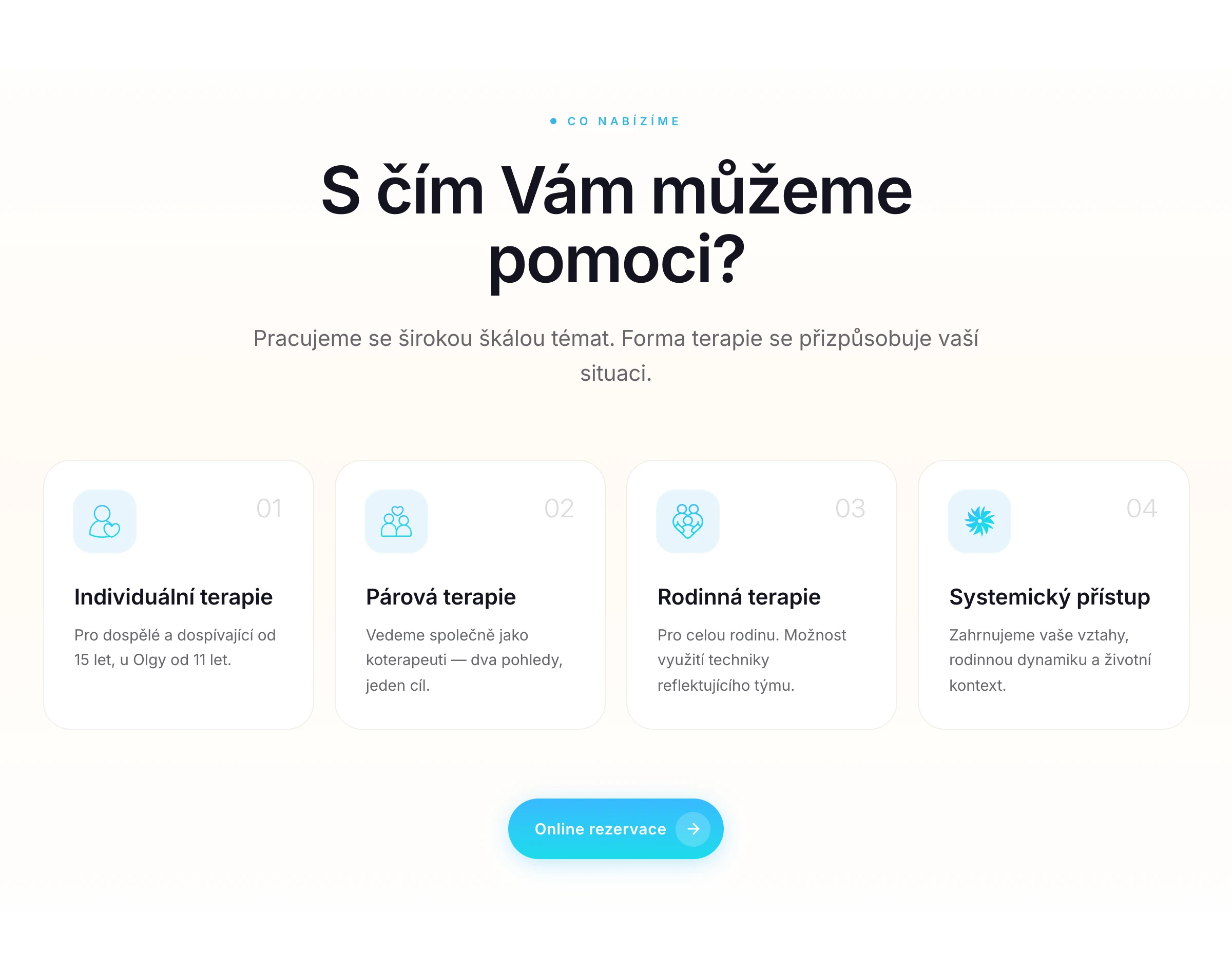 Sekce s přehledem typů terapie