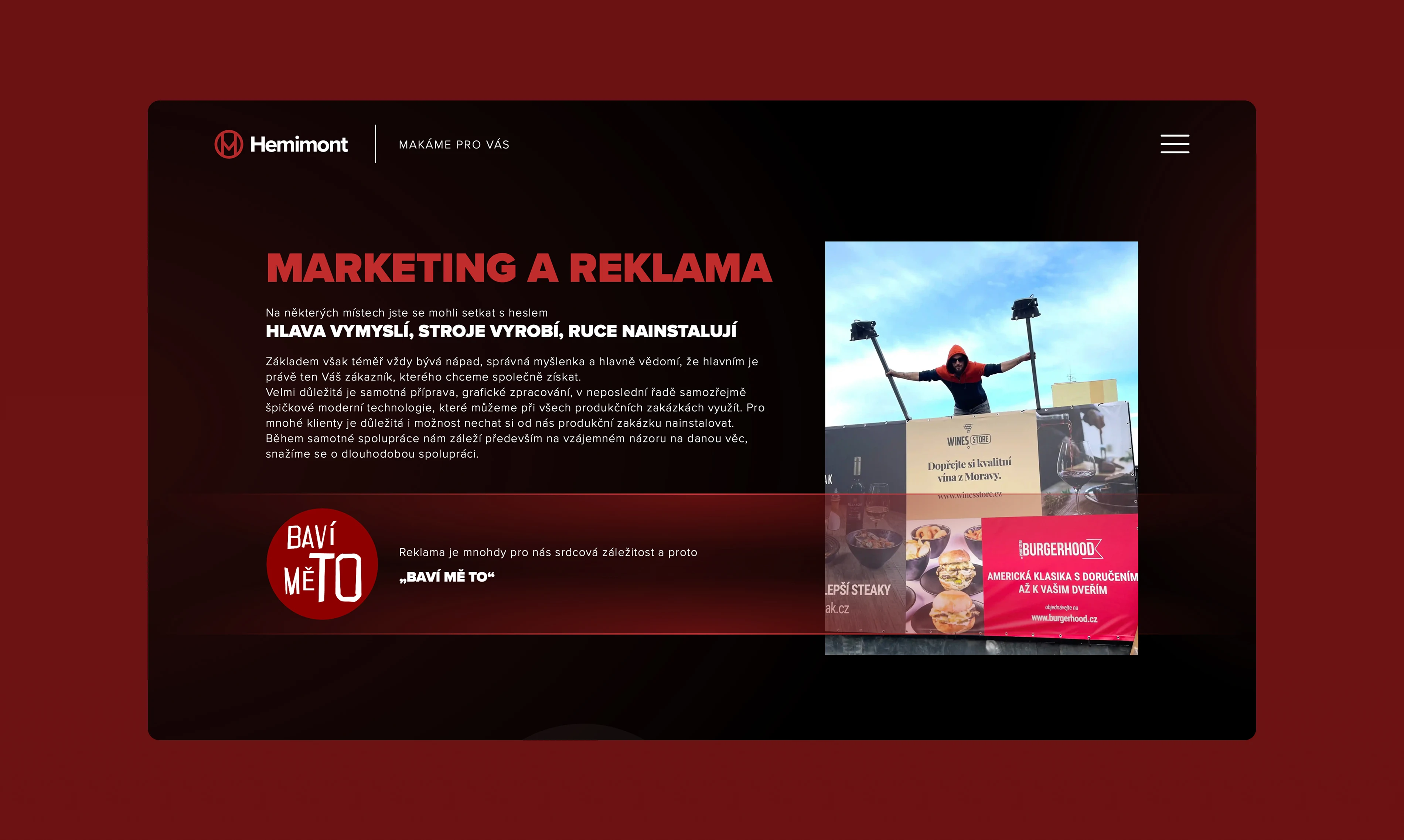 Sekce marketingu a reklamy s ukázkami výstupů